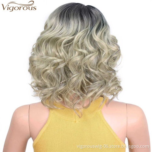 Vigorous Dropshipping Short Curly Wavy Wig Ombre Blonde Bob Part Side Synthetic Wigs For Women Heat Resistant Fiber